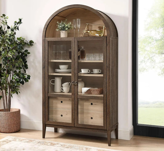 Tall Arched Storage Display Cabinet 74" Walnut Light Oak