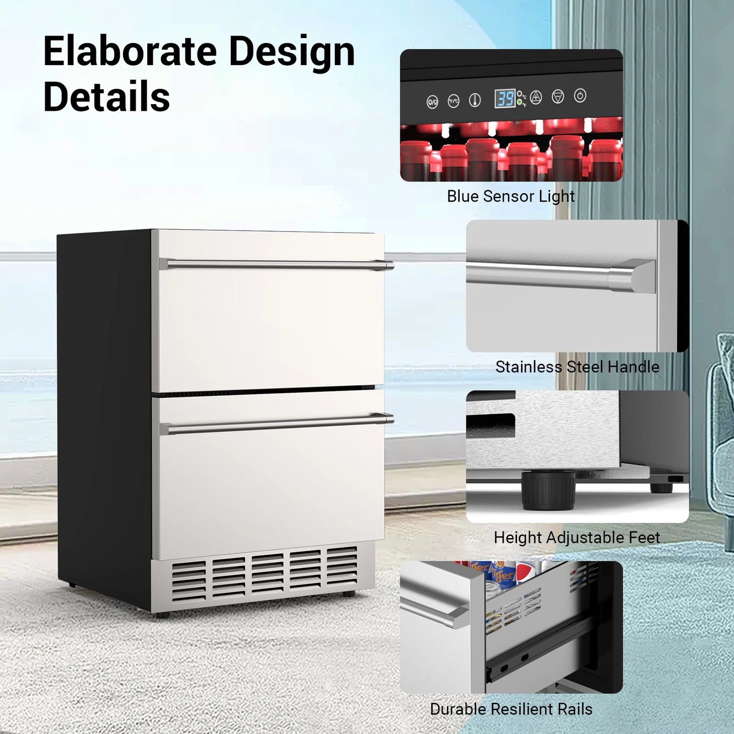 Refrigerator With Wheels & Drawer For Patio Kitchen Livingroom