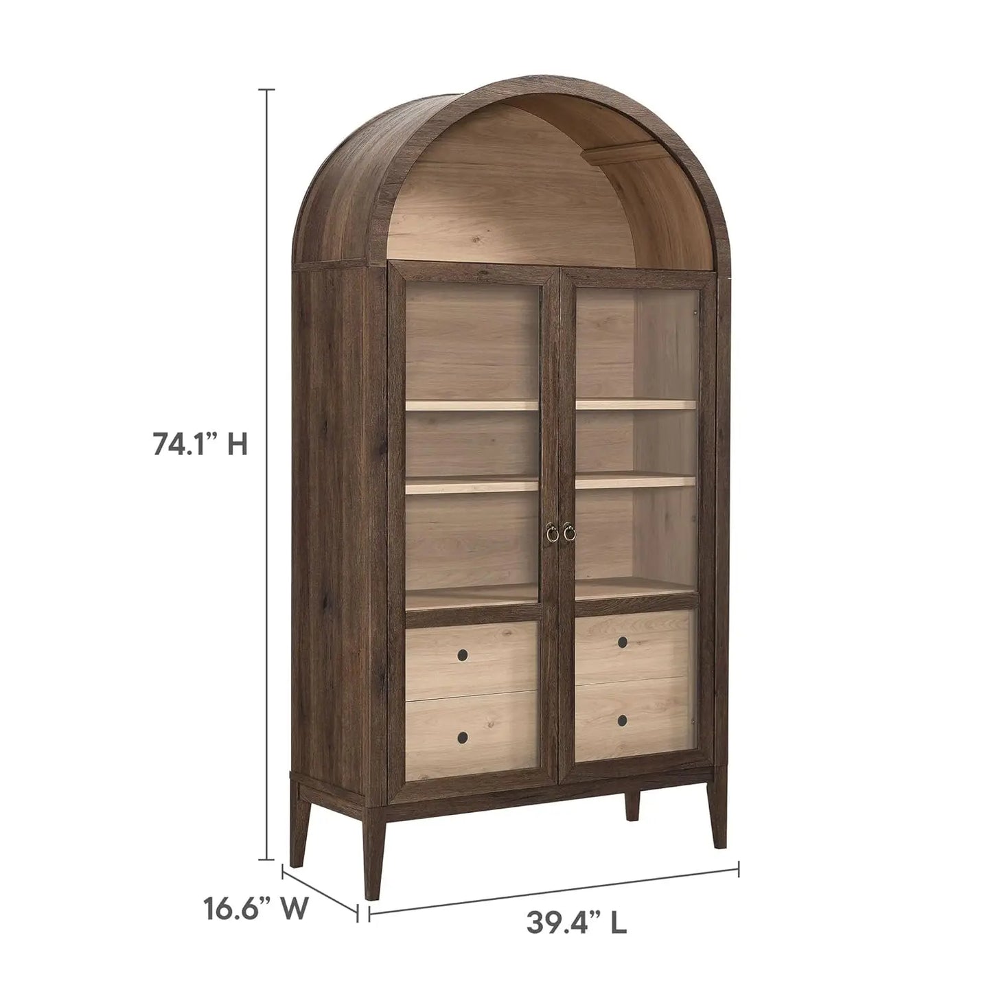 Tall Arched Storage Display Cabinet 74" Walnut Light Oak