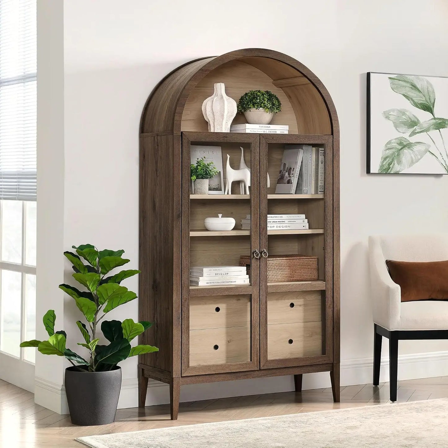 Tall Arched Storage Display Cabinet 74" Walnut Light Oak