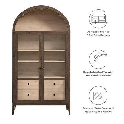 Tall Arched Storage Display Cabinet 74" Walnut Light Oak