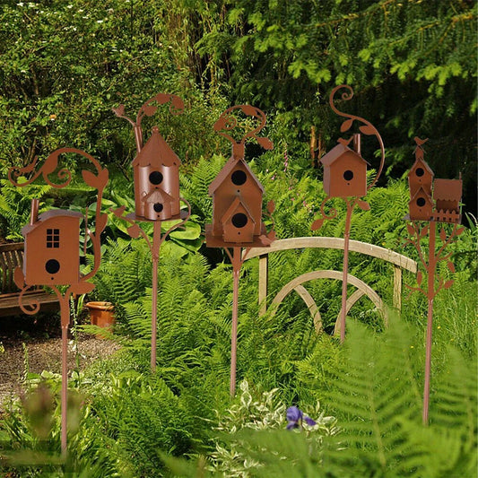Rustic Metal Birdhouse Art on Stake