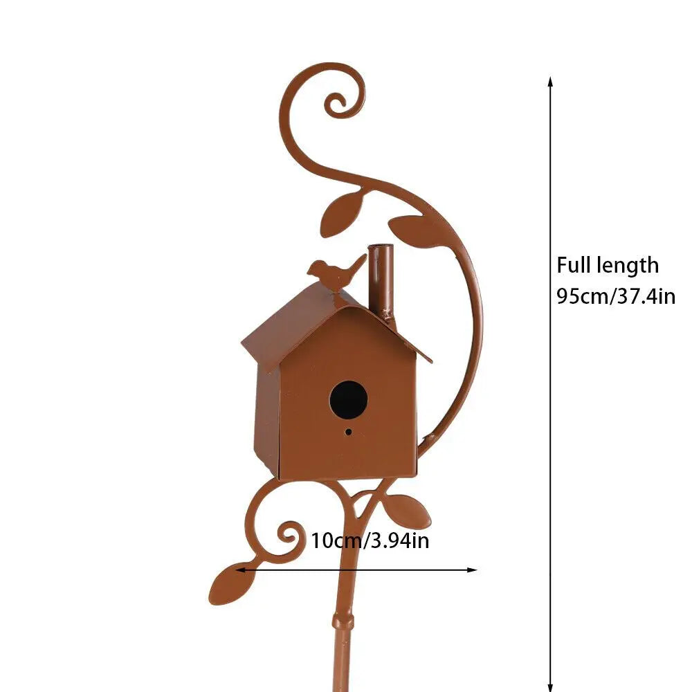 Rustic Metal Birdhouse Art on Stake