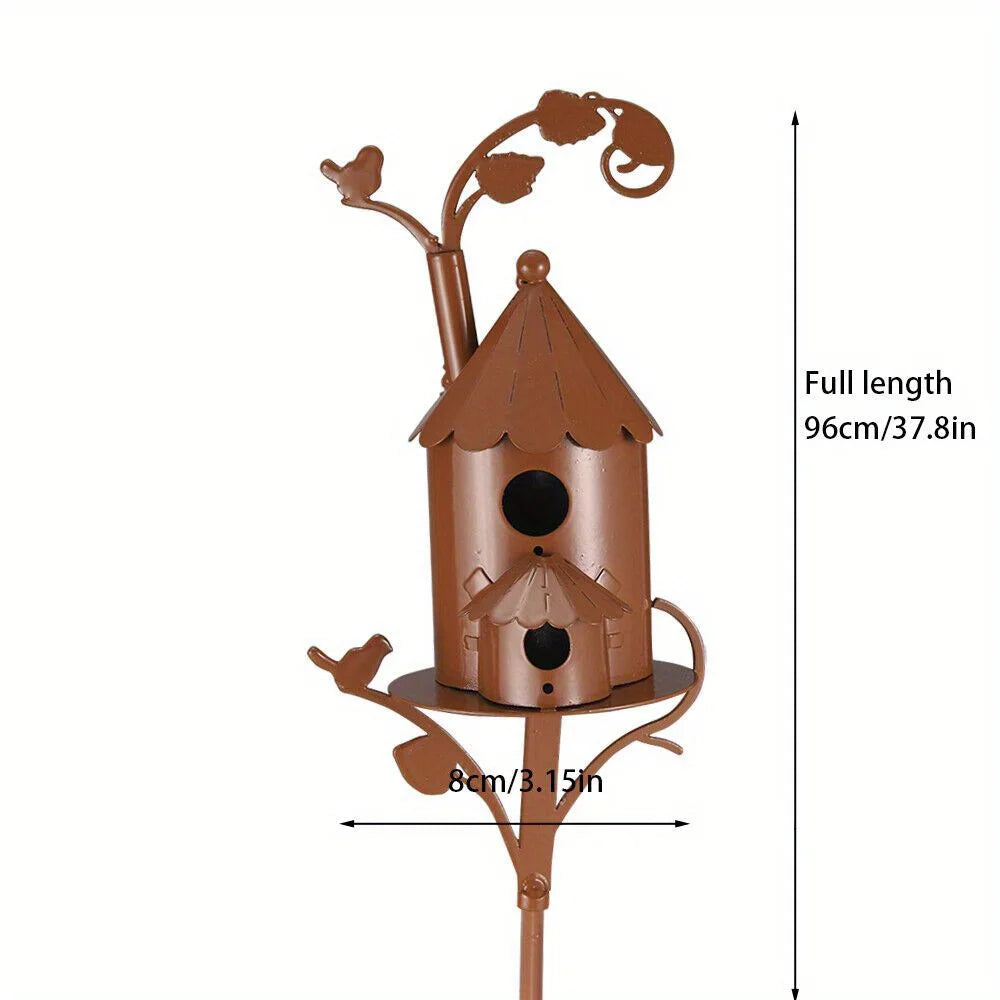 Rustic Metal Birdhouse Art on Stake