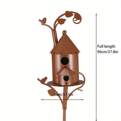 Rustic Metal Birdhouse Art on Stake