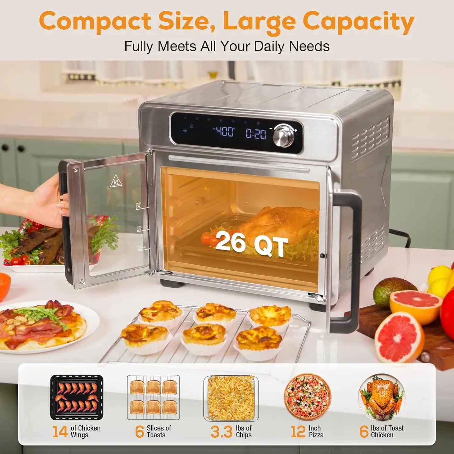 26QT French Door Kitchen Appliance  24 Cooking Functions Digital Controls