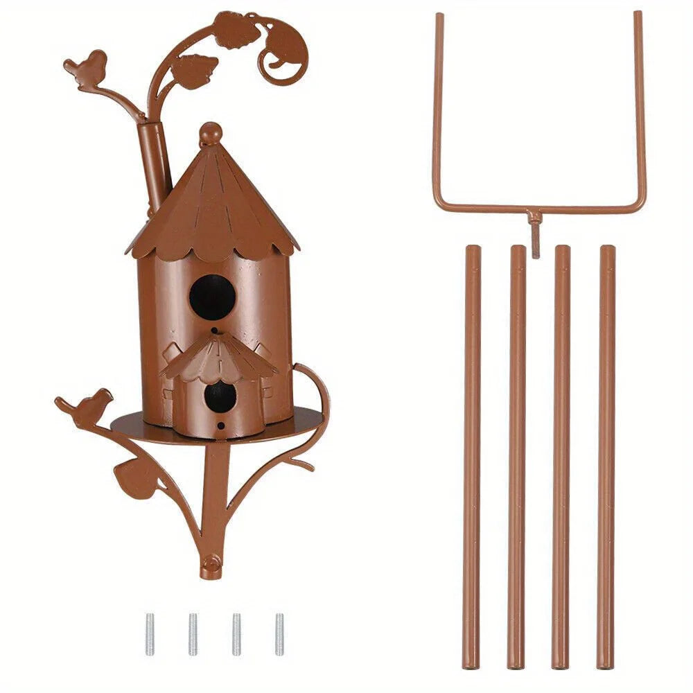 Rustic Metal Birdhouse Art on Stake